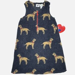 Vtg Hartstrings Dress Girls 8 Navy Berber Jumper Dog Print Sleeveless A-Line NWT